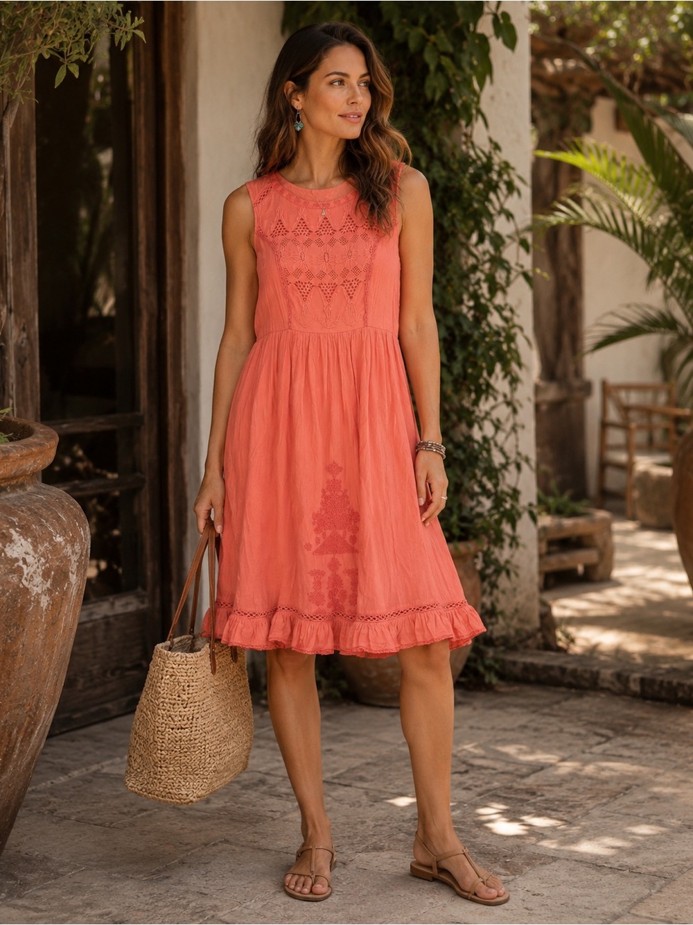 SUNDANCE Coral 100% Cotton Embroidered MEDIUM Boho Dress Sleeveless Lined